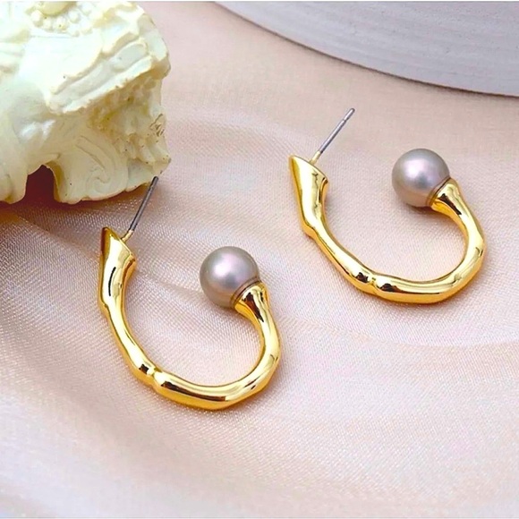 Alexis Bittar Jewelry - ALEXIS BITTAR Pearl Capped Twisted Gold Open Hoop Post Earrings